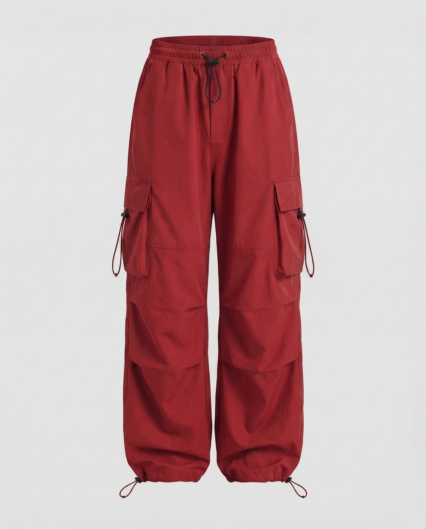 Red utility cargo pants for women.