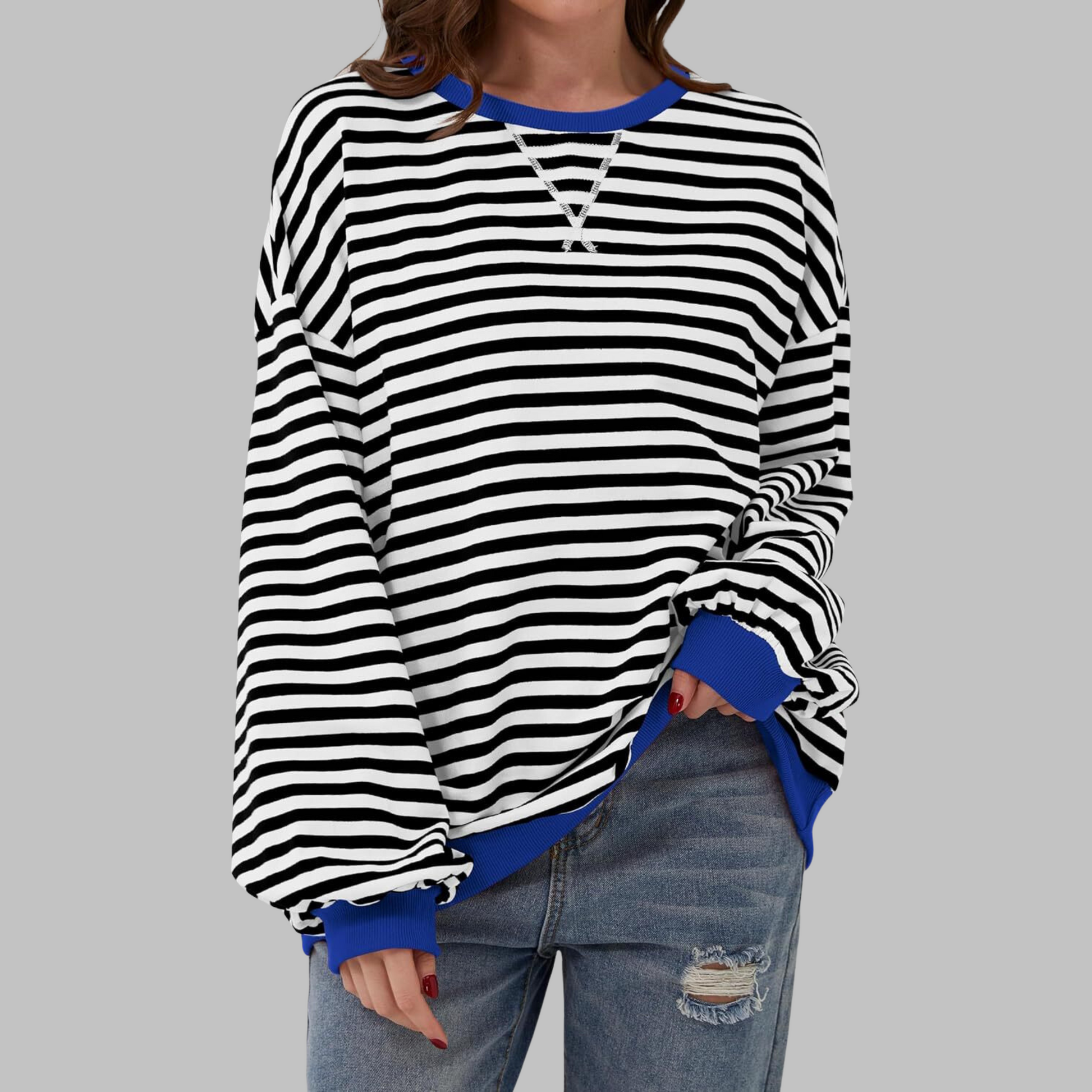 Woman wearing a striped round neck long sleeve t-shirt