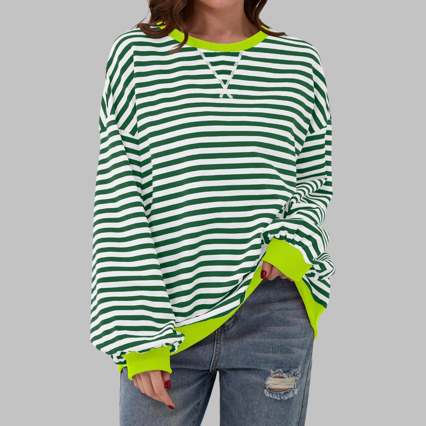 Woman wearing a striped round neck long sleeve t-shirt