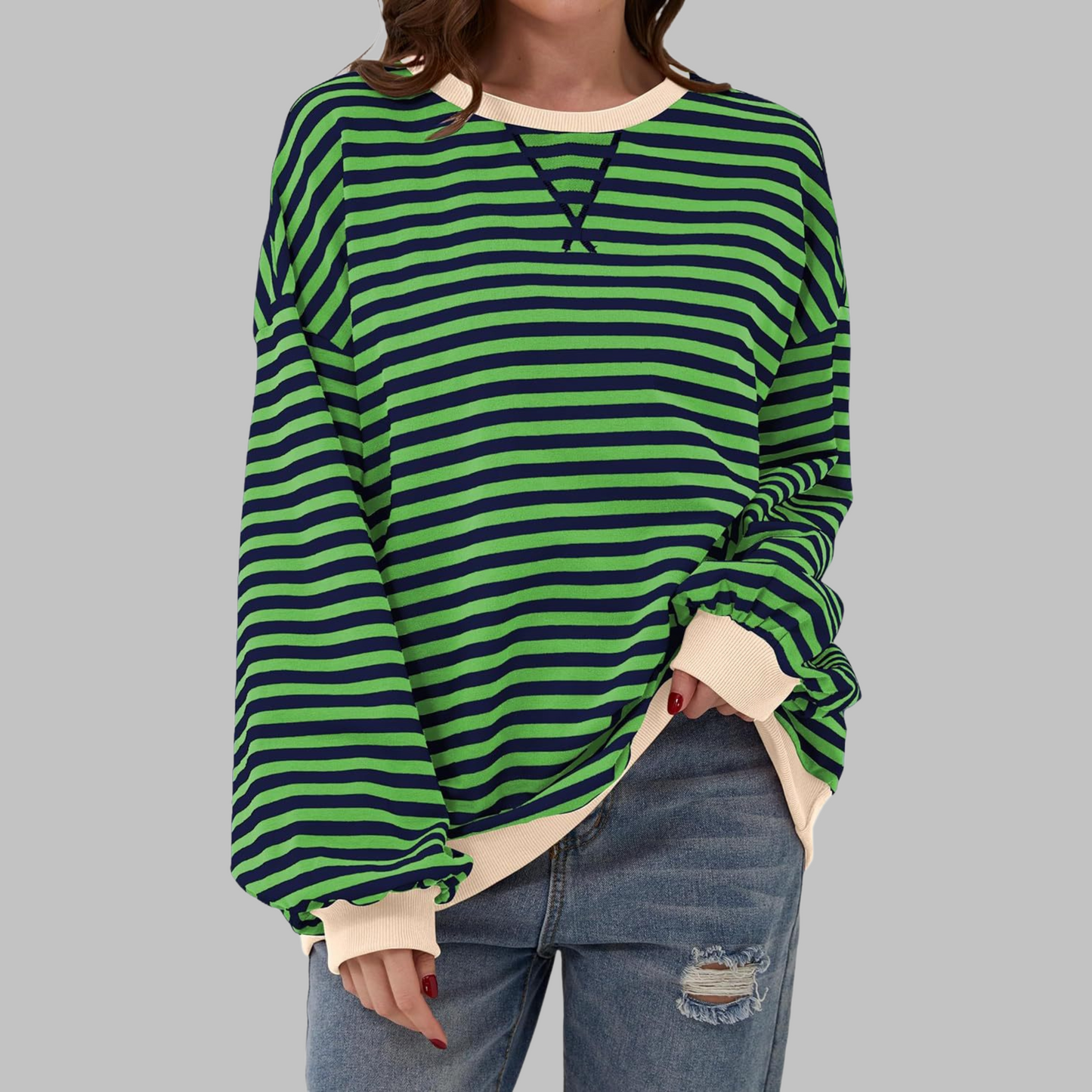 Woman wearing a striped round neck long sleeve t-shirt