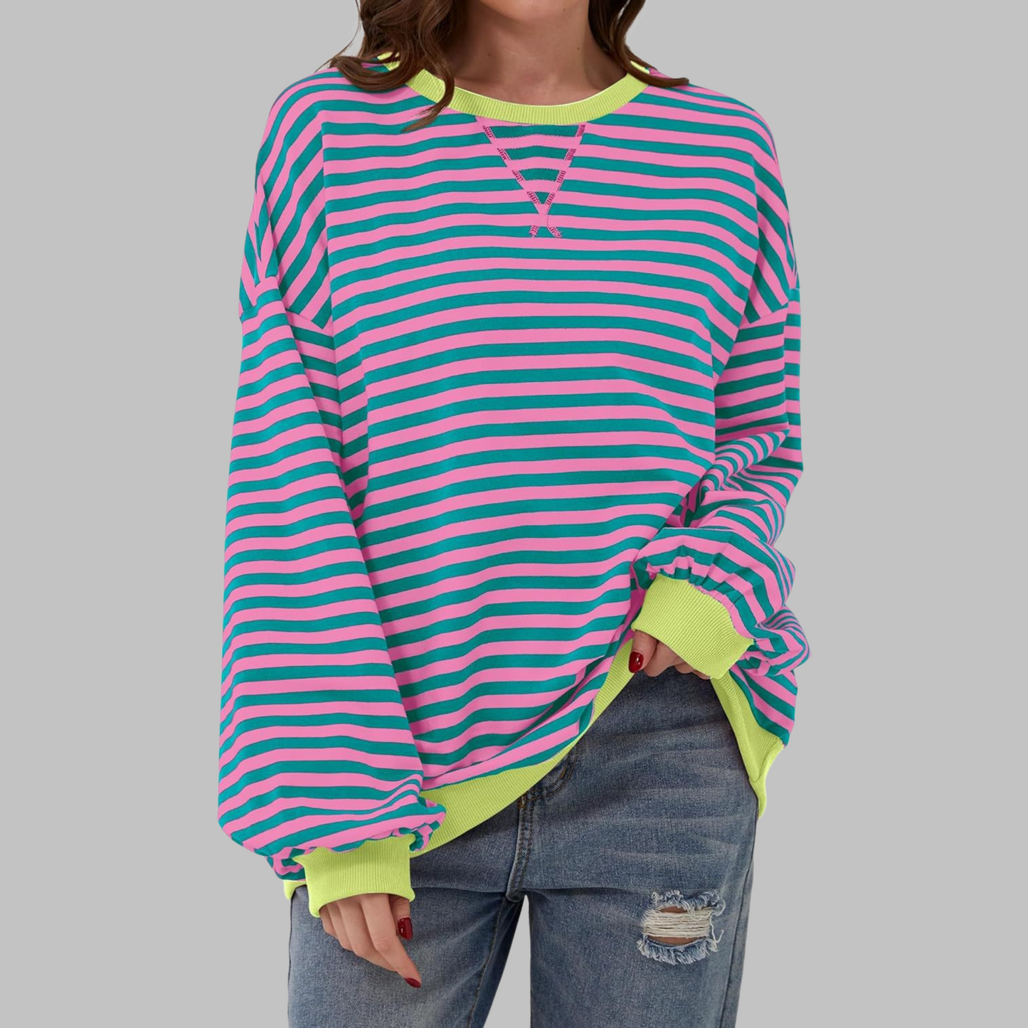 Woman wearing a striped round neck long sleeve t-shirt