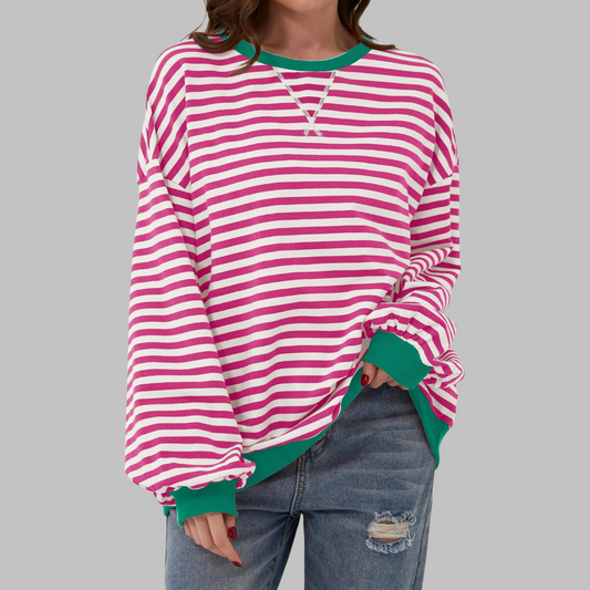 Woman wearing a striped round neck long sleeve t-shirt