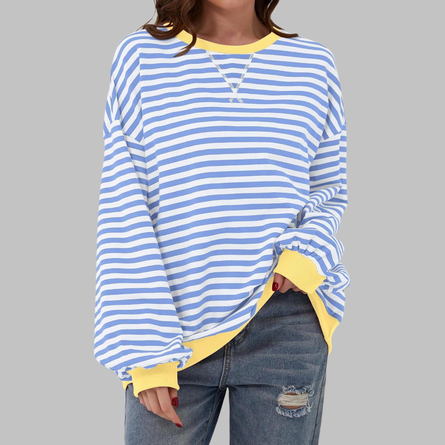 Woman wearing a striped round neck long sleeve t-shirt