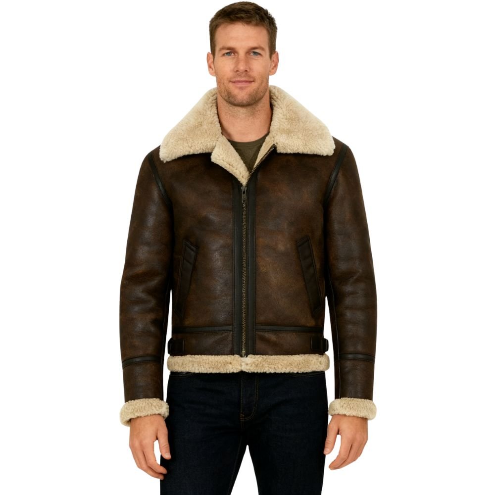 Man wearing a brown leather-look aviator jacket with cream shearling collar