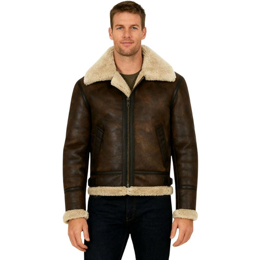 Man wearing a brown leather-look aviator jacket with cream shearling collar