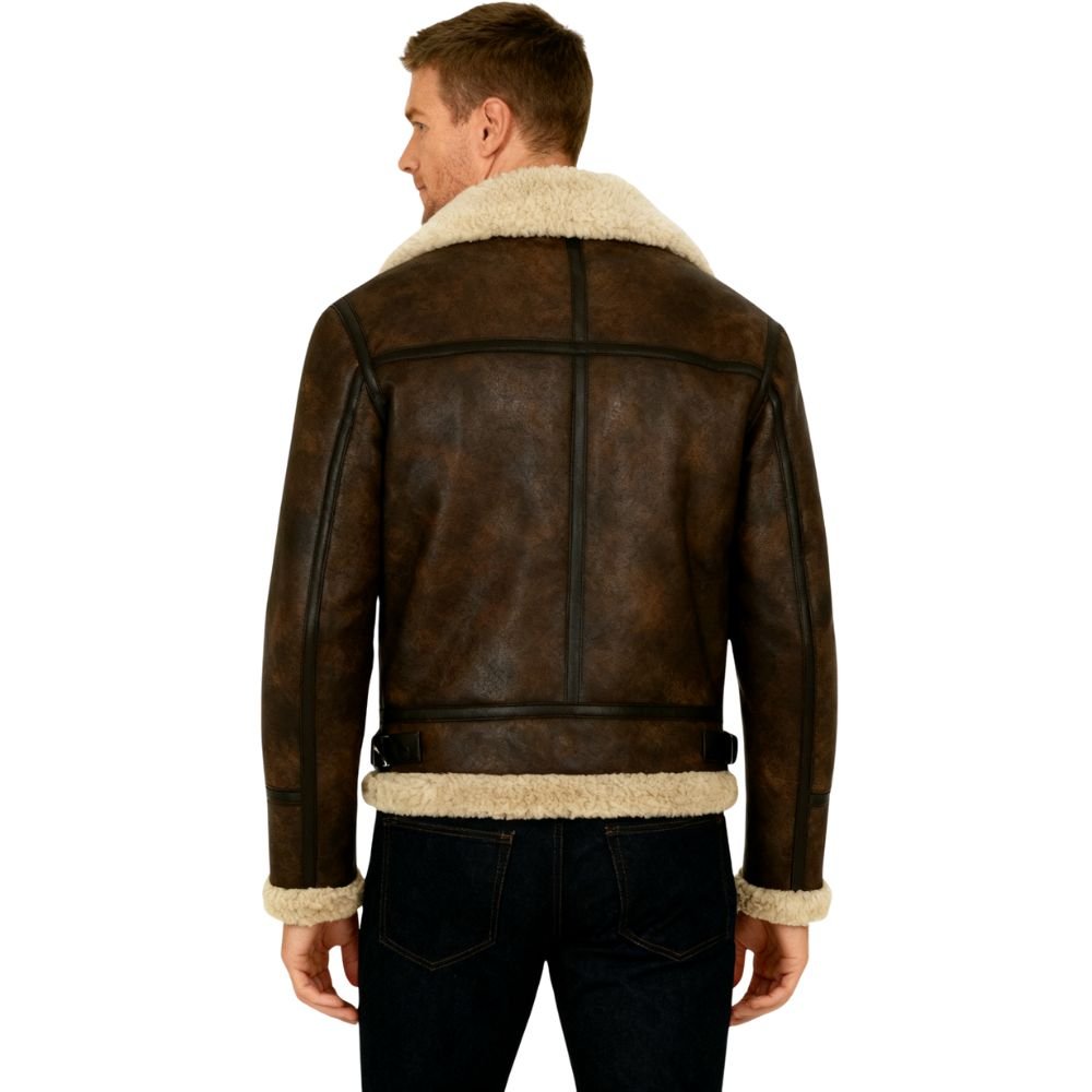Man wearing a brown leather-look aviator jacket with cream shearling collar