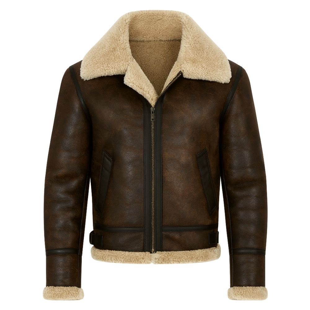 Man wearing a brown leather-look aviator jacket with cream shearling collar