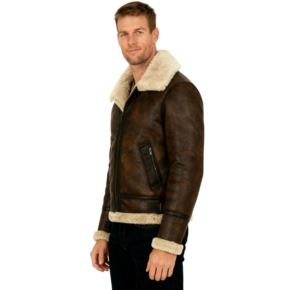 Man wearing a brown leather-look aviator jacket with cream shearling collar