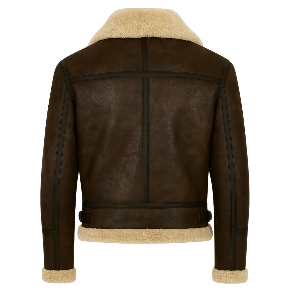 Man wearing a brown leather-look aviator jacket with cream shearling collar