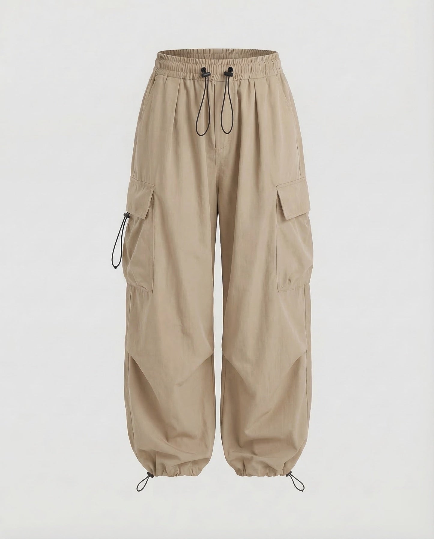 Tan oversized cargo pants for women.
