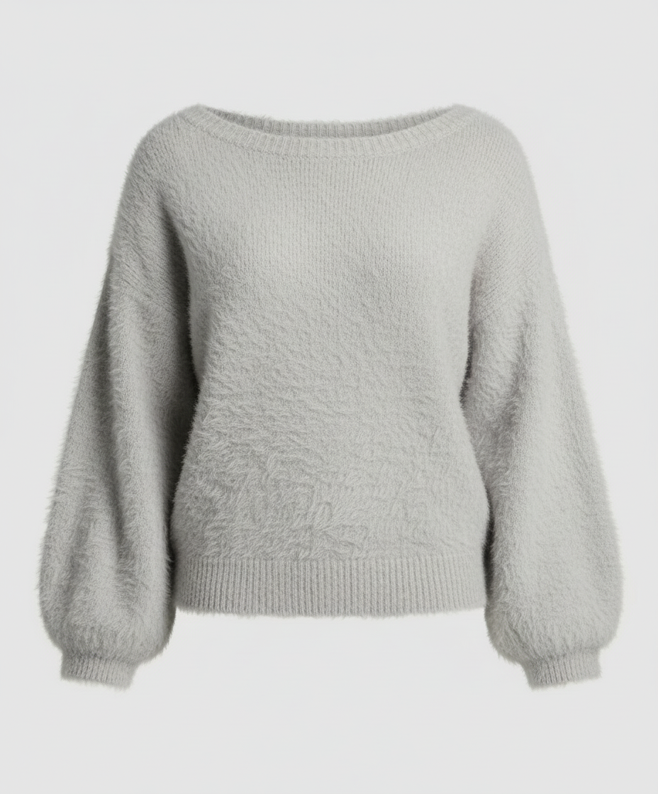 Woman wearing a fuzzy knit oversized sweater