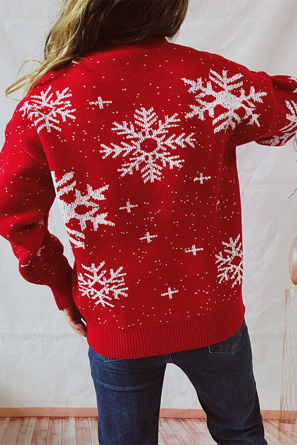Woman wearing a festive knit Christmas sweater