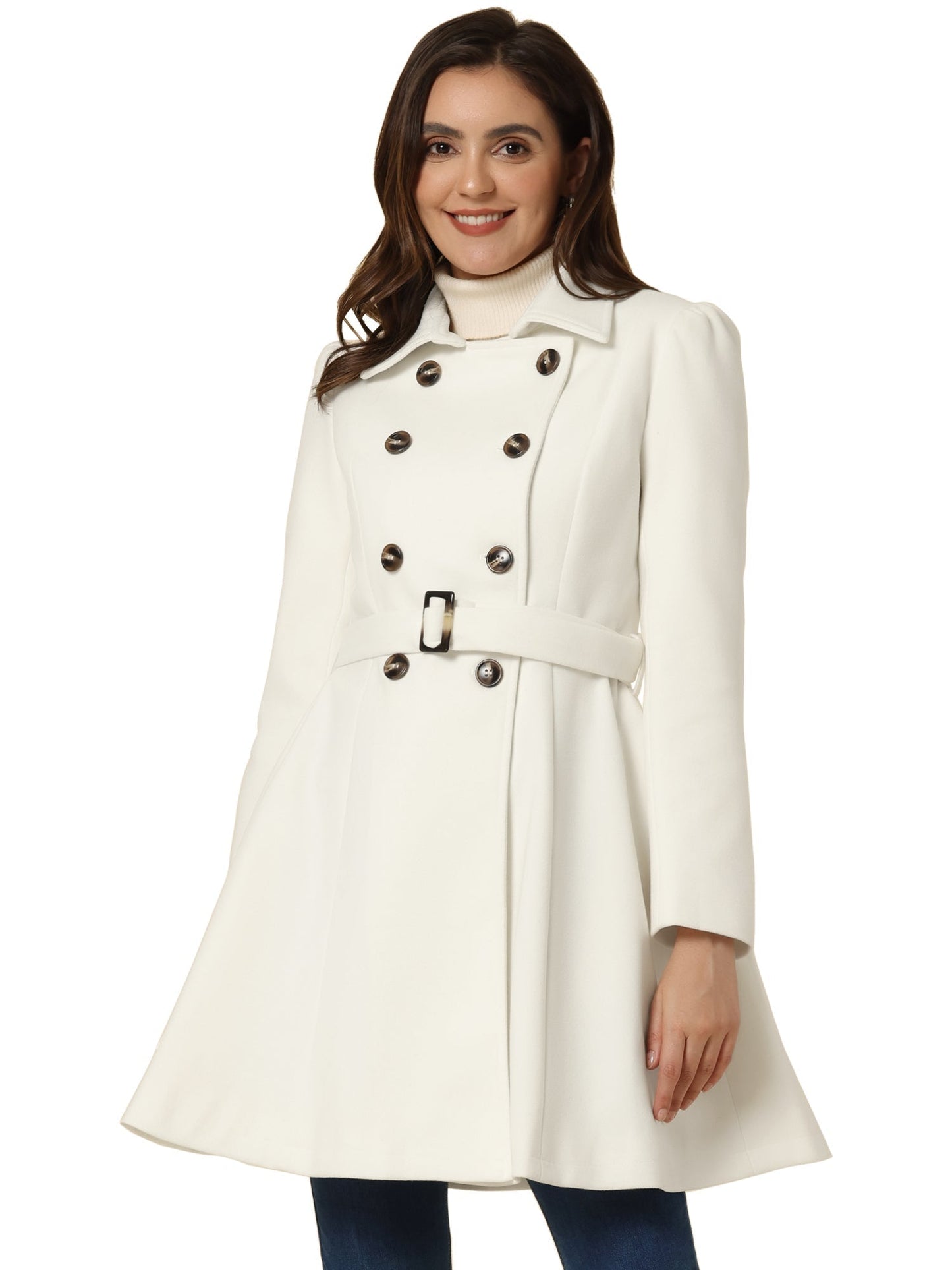 Woman wearing a double-breasted flared mid-length trench coat with notched collar