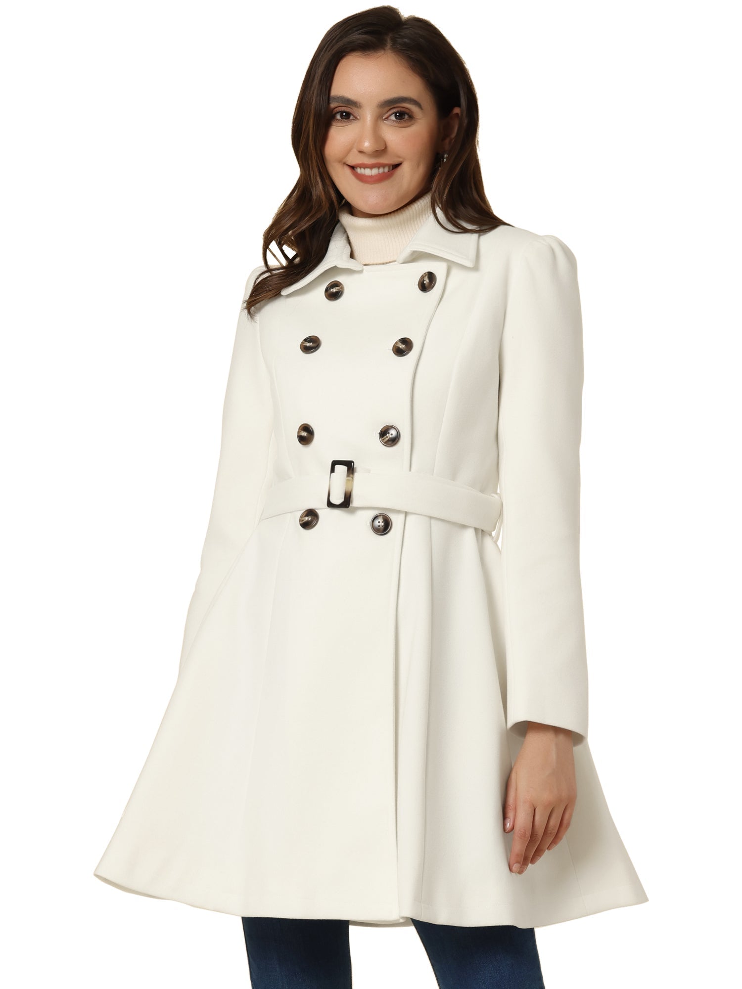 Woman wearing a double-breasted flared mid-length trench coat with notched collar