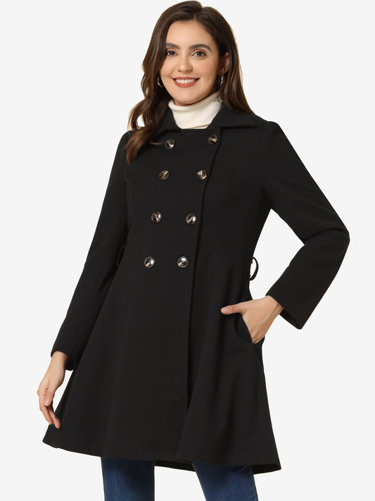 Woman wearing a double-breasted flared mid-length trench coat with notched collar
