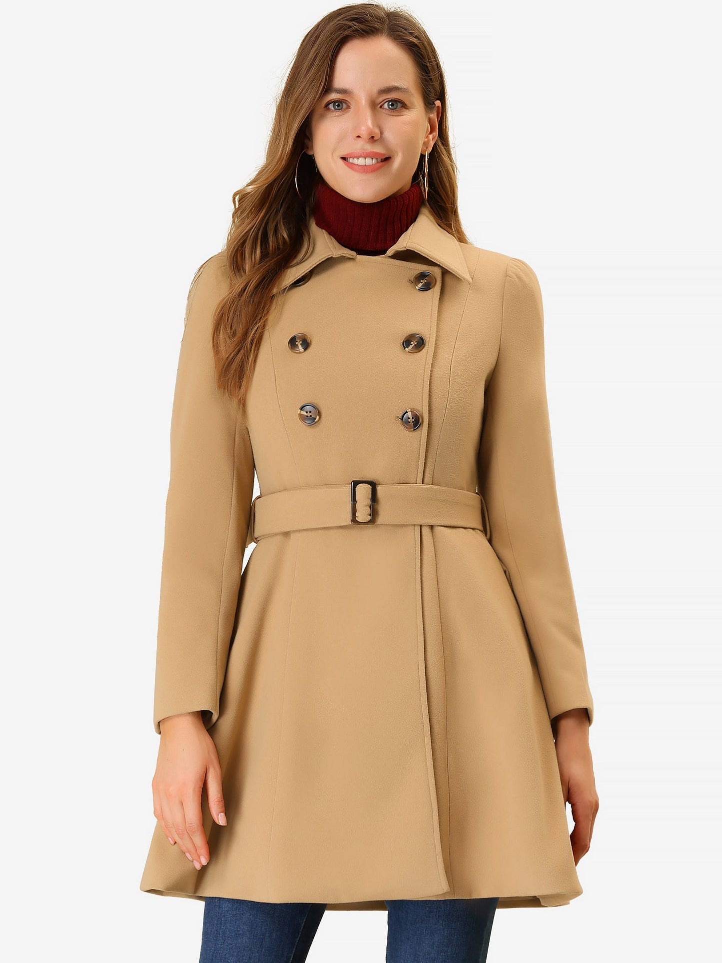 Woman wearing a double-breasted flared mid-length trench coat with notched collar