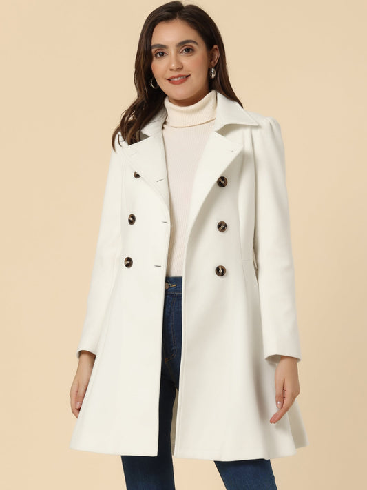 Woman wearing a double-breasted flared mid-length trench coat with notched collar