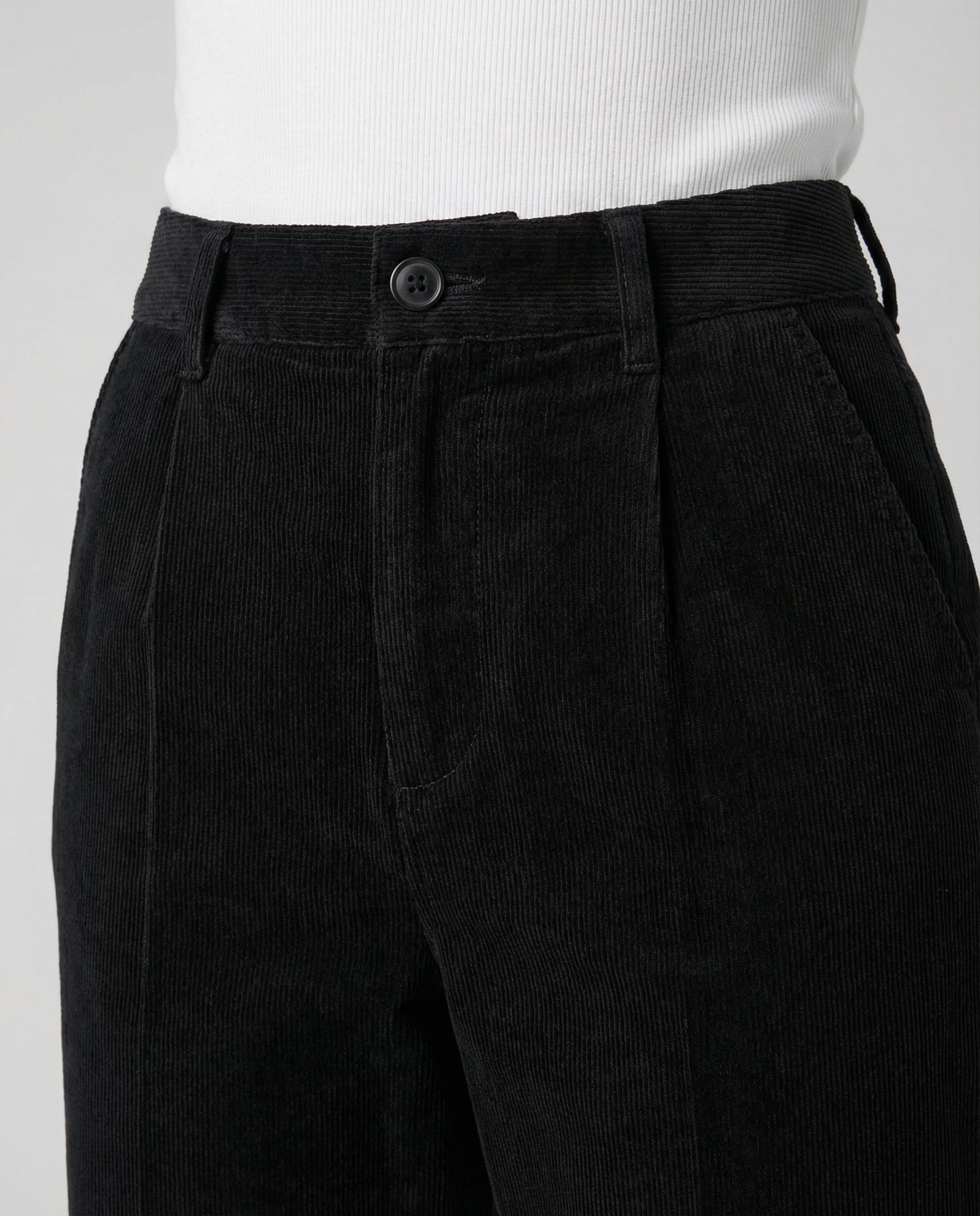 Black straight leg corduroy pants for women.