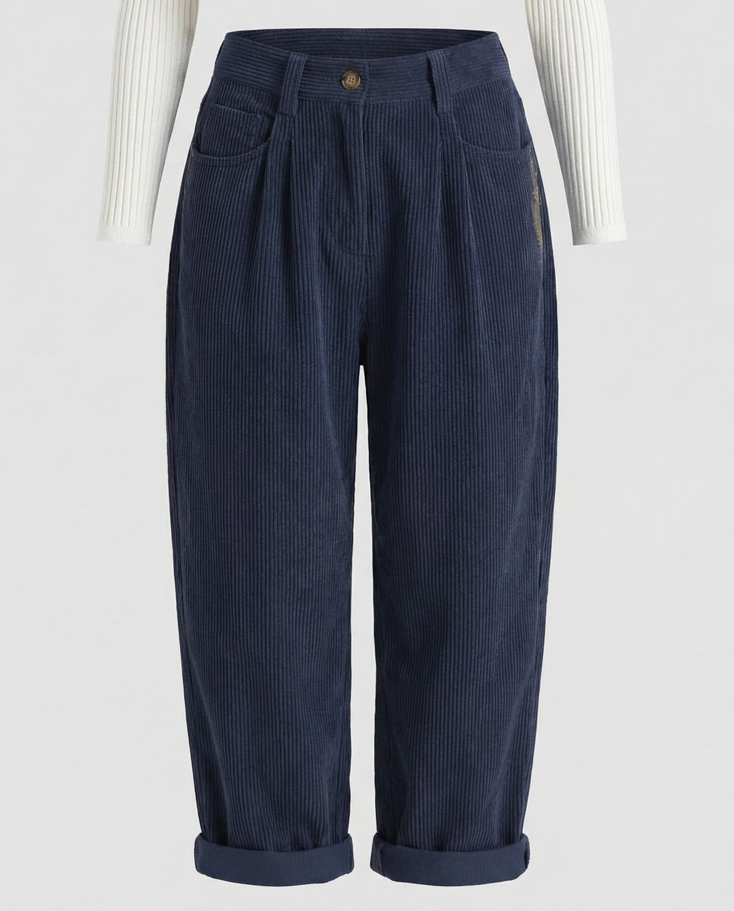 Navy straight leg corduroy pants for women.