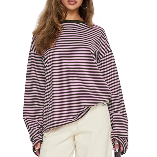 Woman wearing a striped long sleeve round neck shirt