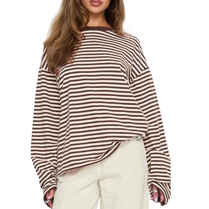 Woman wearing a striped long sleeve round neck shirt