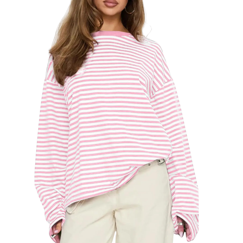 Woman wearing a striped long sleeve round neck shirt