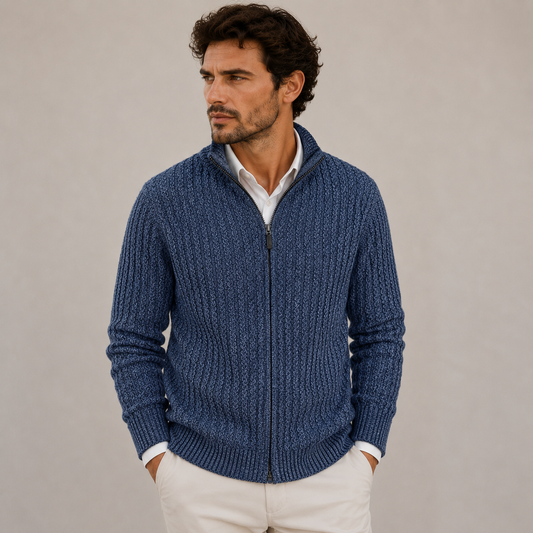 Man wearing a full zip textured knit sweater with stand-up collar