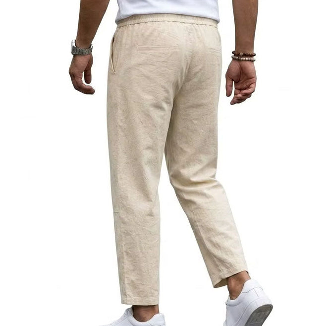 Woman wearing cropped wide leg linen pants