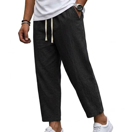 Woman wearing cropped wide leg linen pants