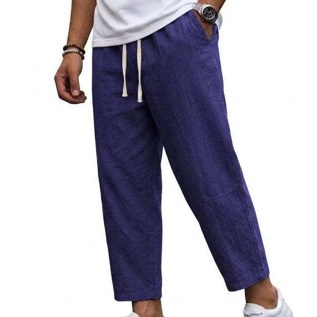 Woman wearing cropped wide leg linen pants