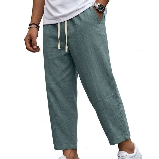 Woman wearing cropped wide leg linen pants