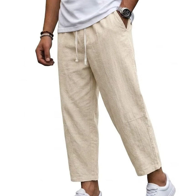Woman wearing cropped wide leg linen pants