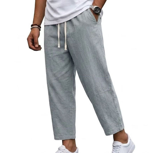 Woman wearing cropped wide leg linen pants