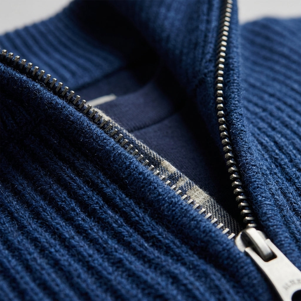 Man wearing a quarter zip ribbed cashmere blend sweater with stand collar