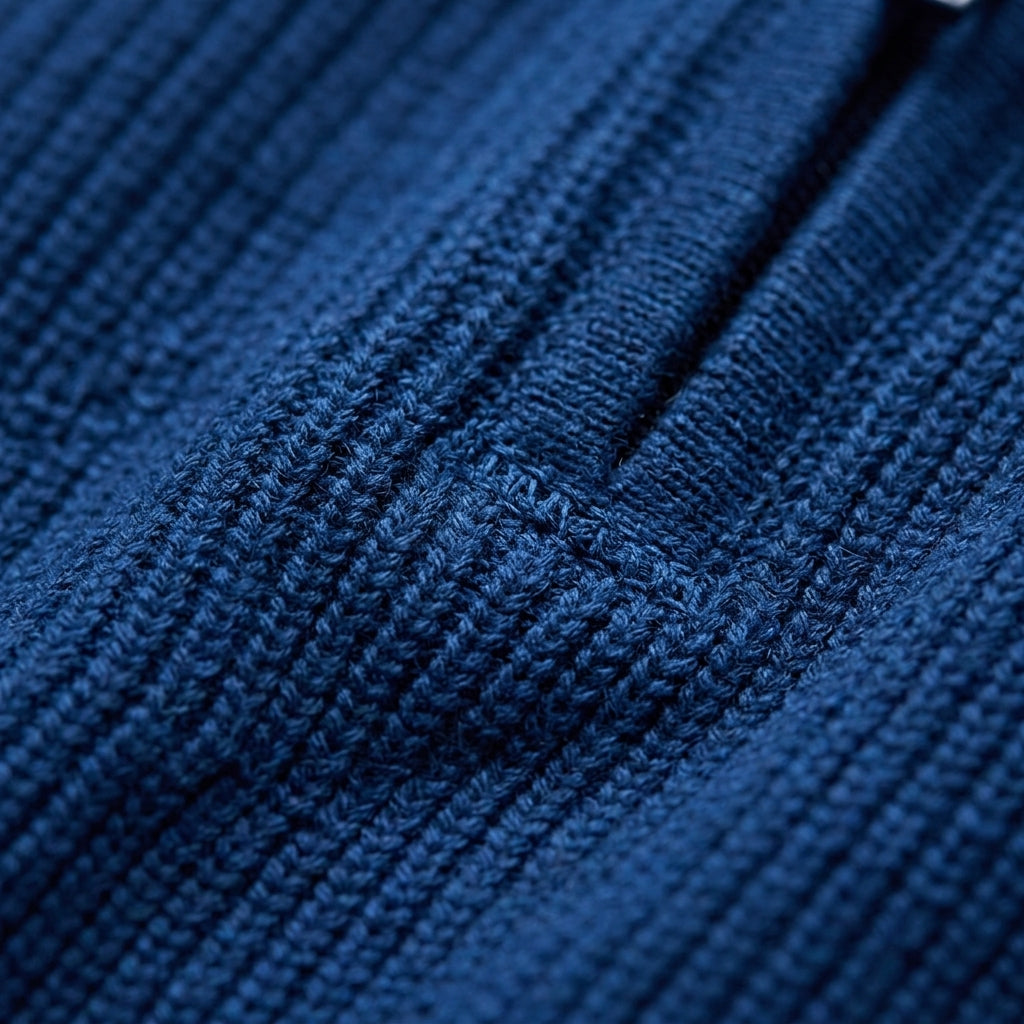 Man wearing a quarter zip ribbed cashmere blend sweater with stand collar