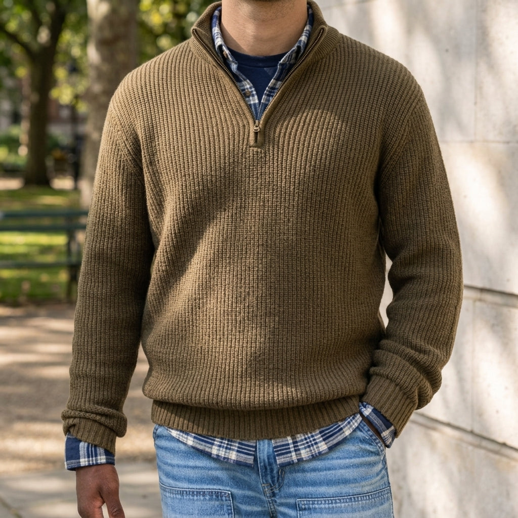 Man wearing a quarter zip ribbed cashmere blend sweater with stand collar