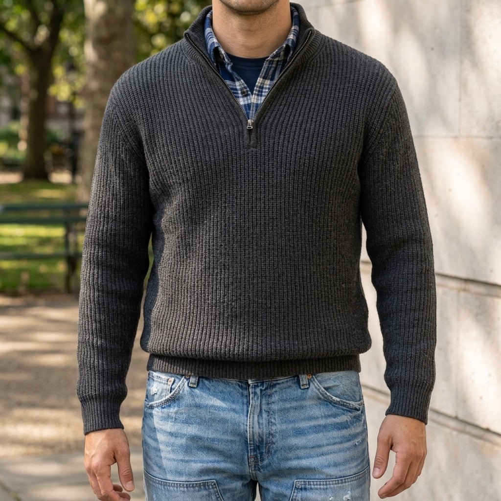 Man wearing a quarter zip ribbed cashmere blend sweater with stand collar