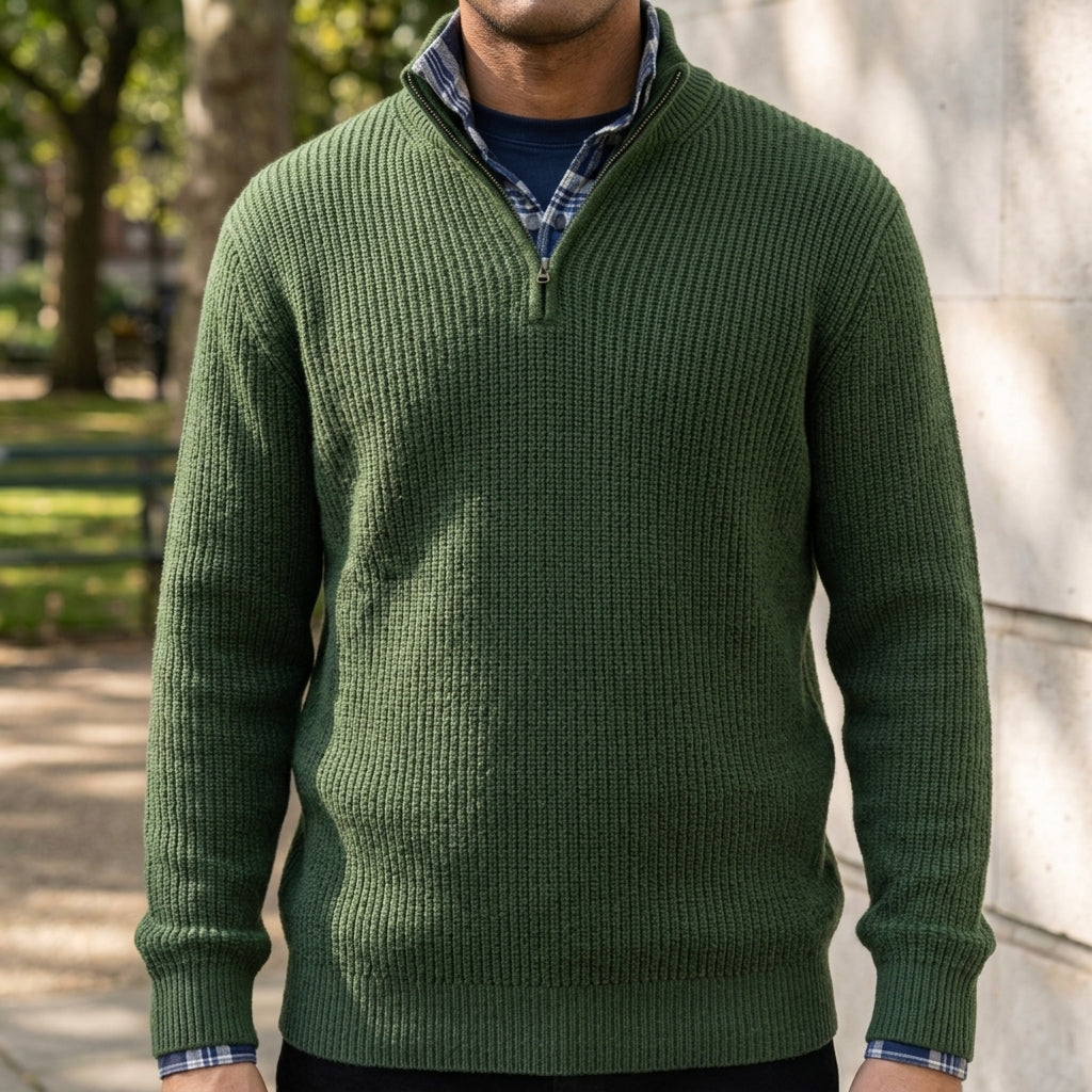 Man wearing a quarter zip ribbed cashmere blend sweater with stand collar