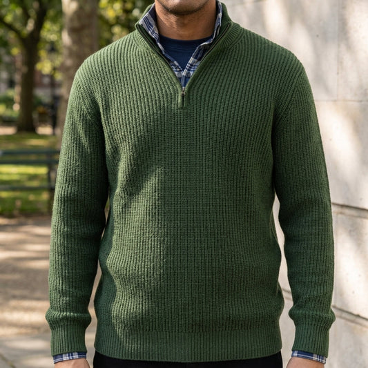 Man wearing a quarter zip ribbed cashmere blend sweater with stand collar