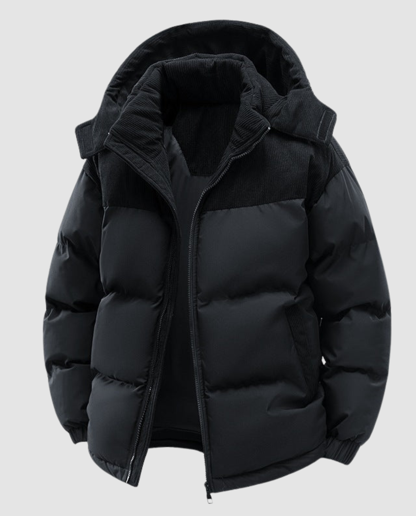 Woman wearing a hooded insulated quilted puffer jacket