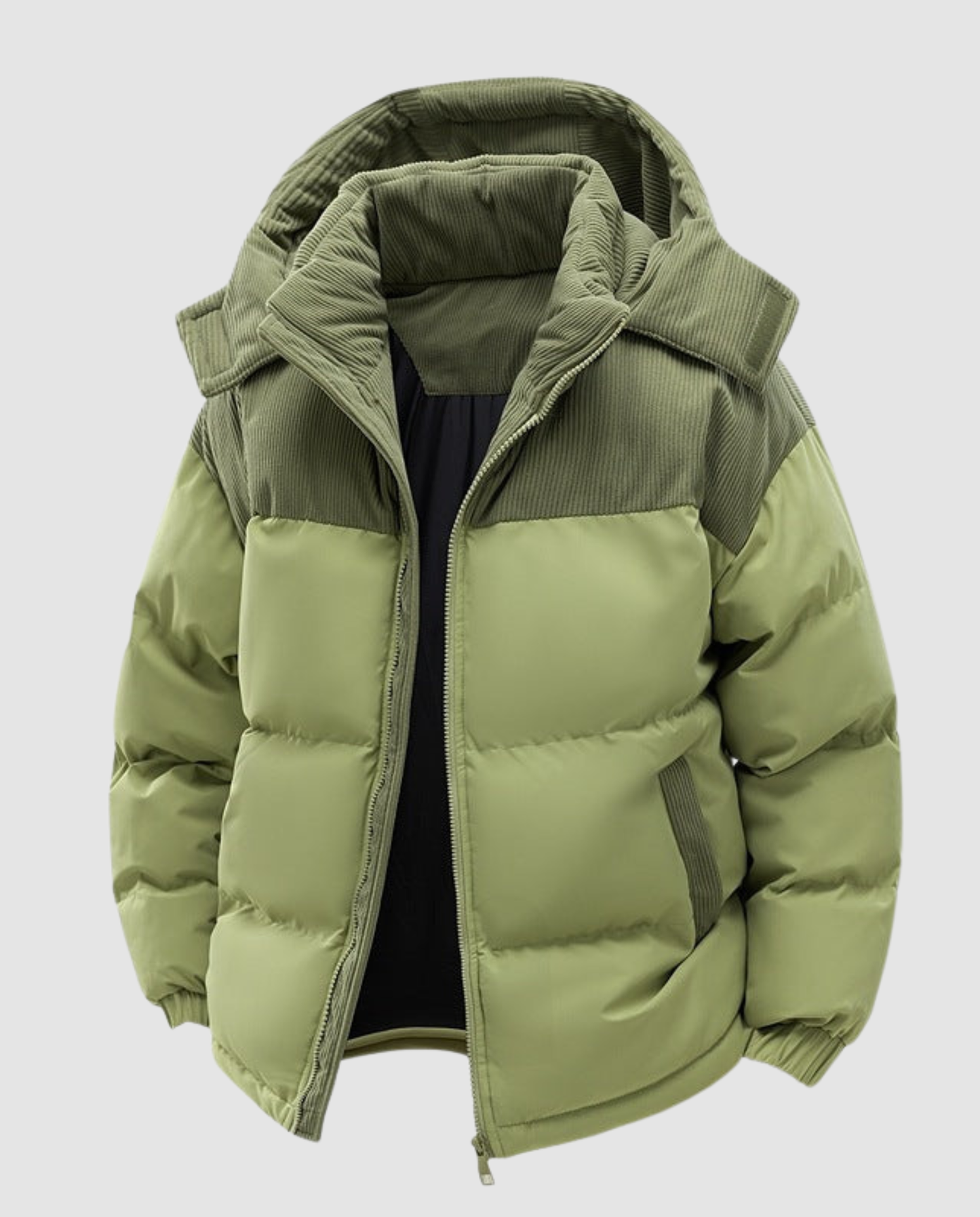 Woman wearing a hooded insulated quilted puffer jacket