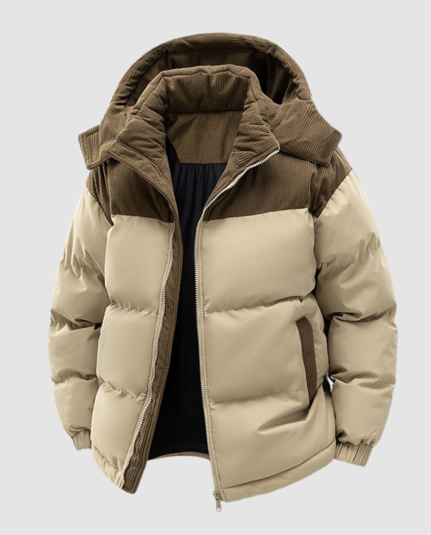 Woman wearing a hooded insulated quilted puffer jacket