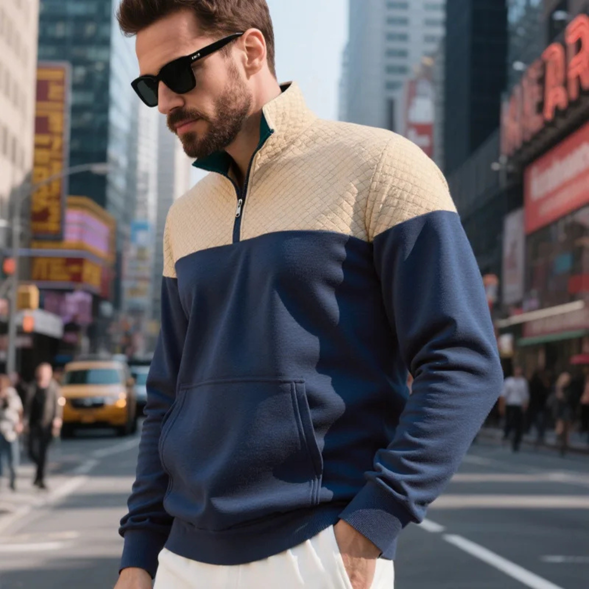 Man wearing a quilted color block half zip sweater