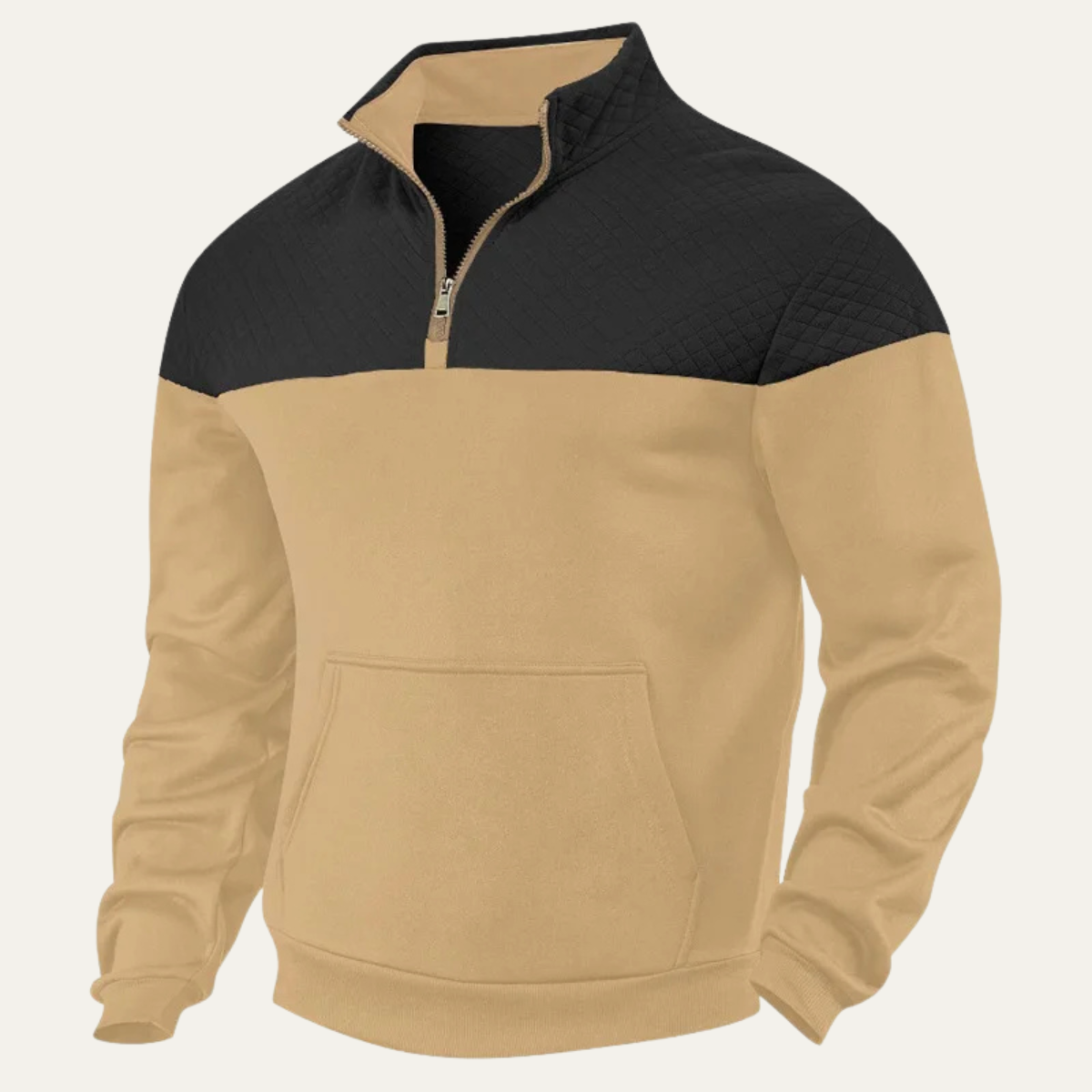 Man wearing a quilted color block half zip sweater
