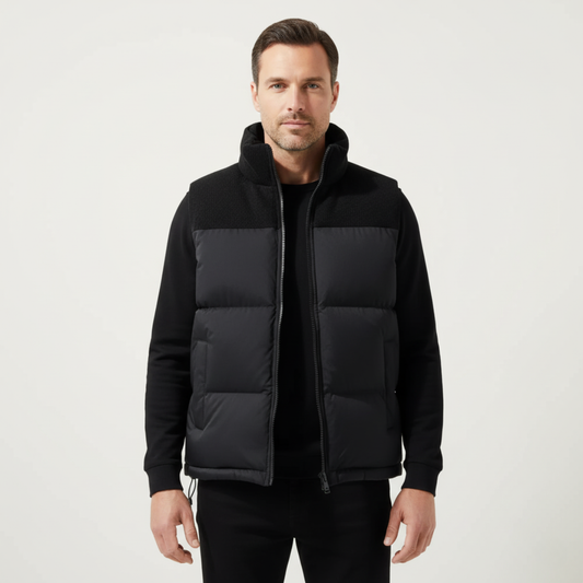Black colorblock puffer vest for men.