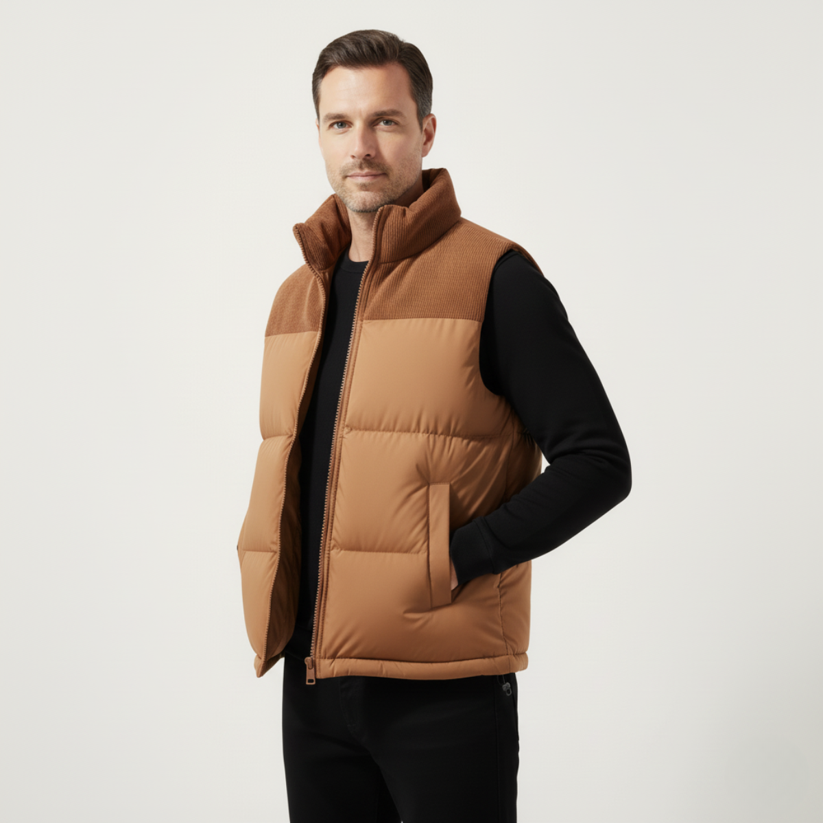 Brown colorblock puffer vest for men.