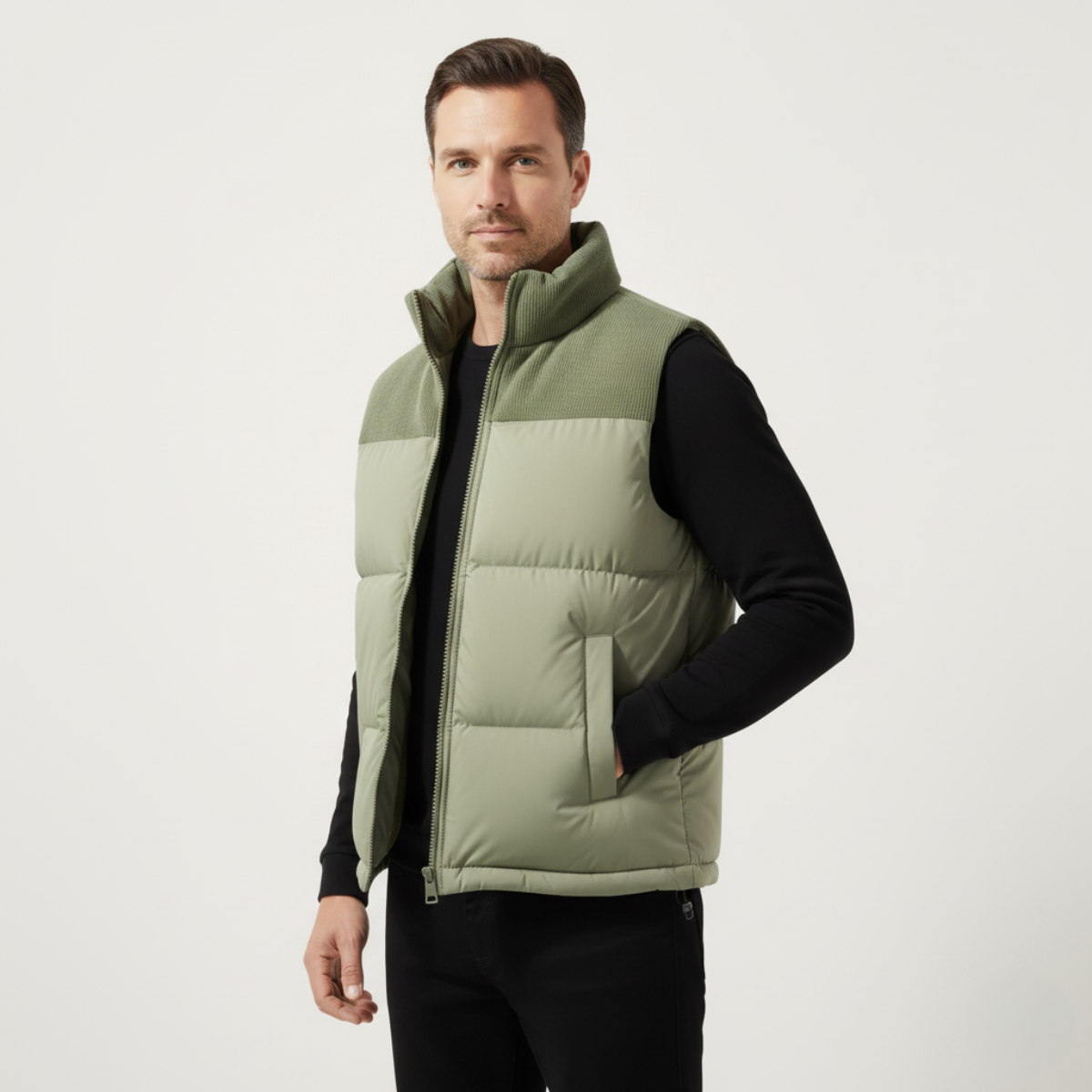 Green colorblock puffer vest for men.
