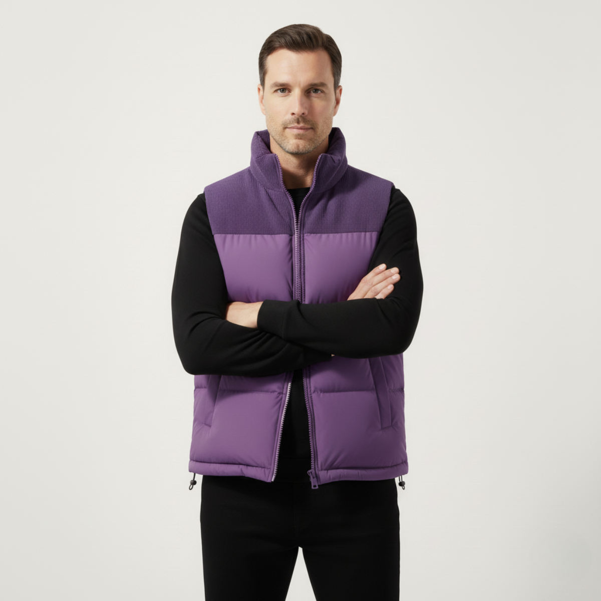 Purple colorblock puffer vest for men.