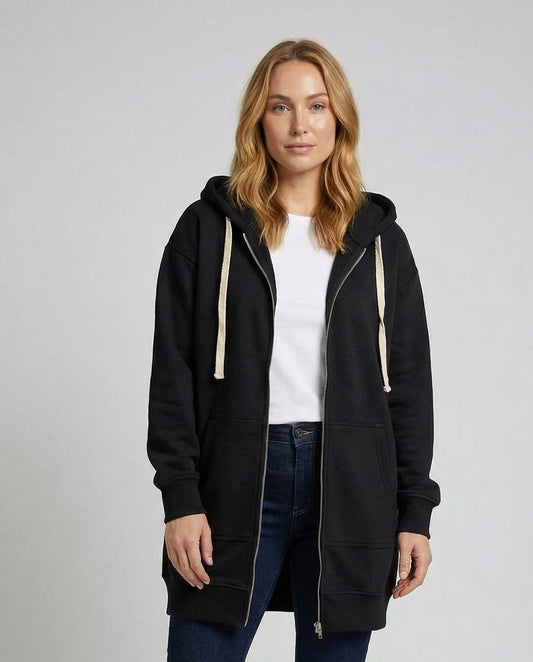 Woman wearing a knee length hooded sweatshirt