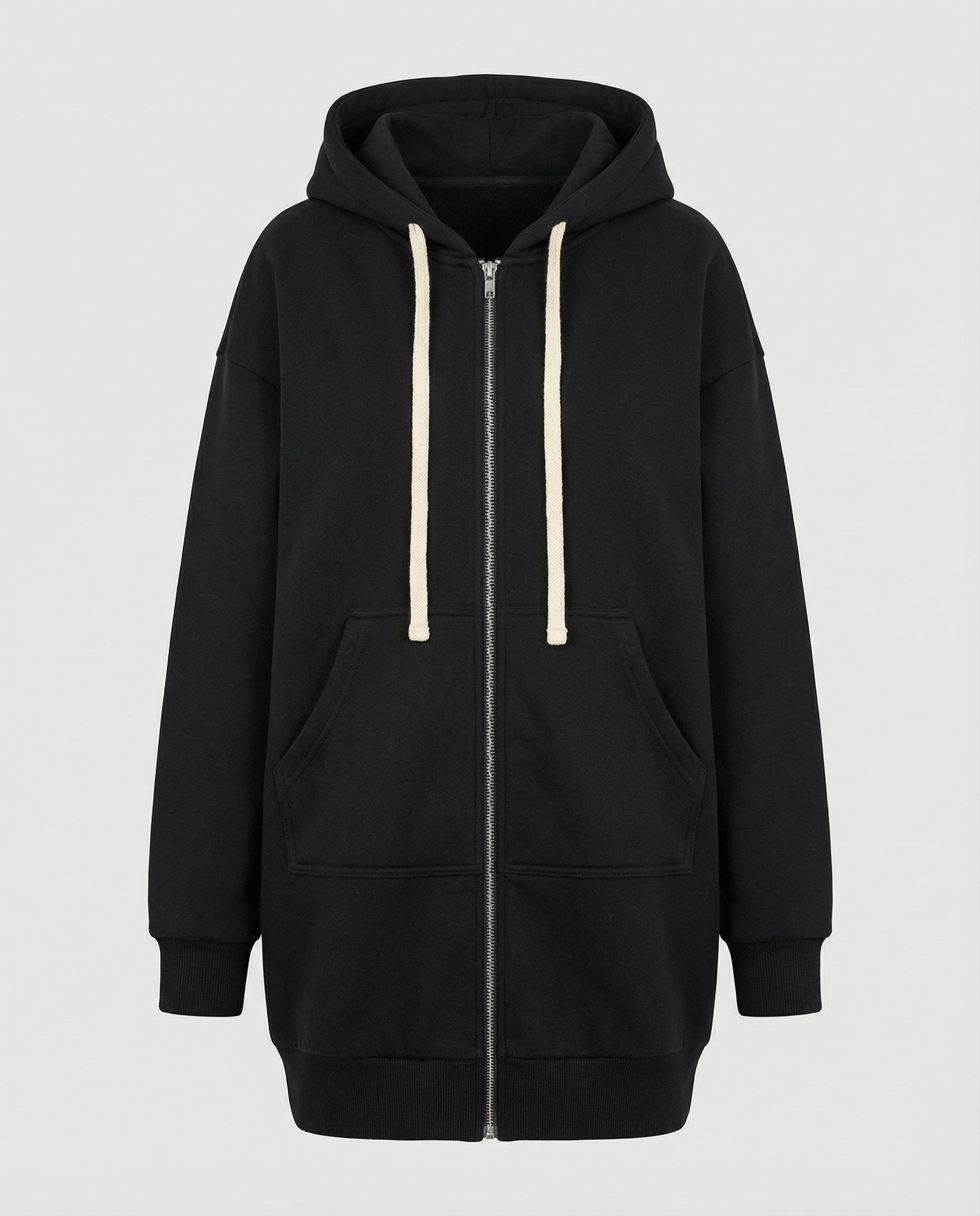 Woman wearing a knee length hooded sweatshirt